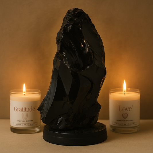 Obsidienne Noire Boulder sur Base Coupée – Pièce Monumentale