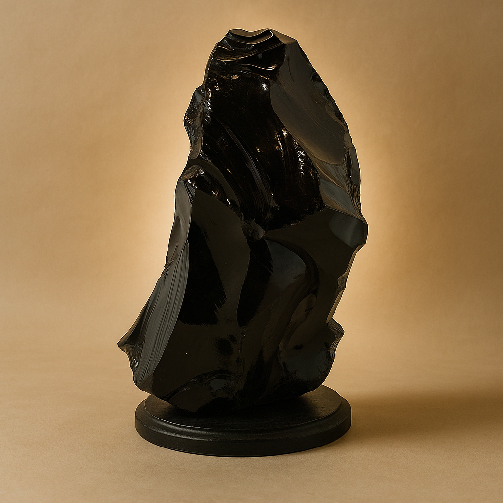 Obsidienne Noire Boulder sur Base Coupée – Pièce Monumentale